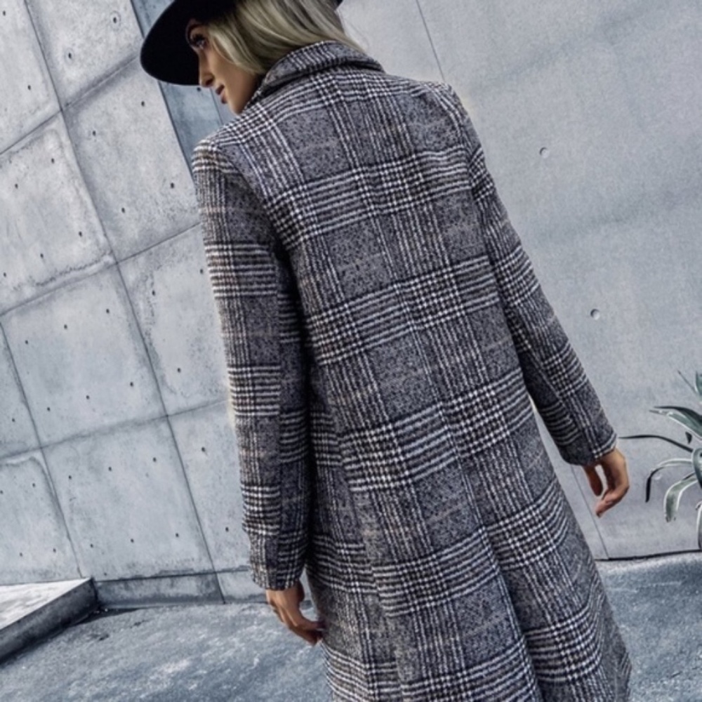 Classic black plaid trench fall button pea coat jacket - Picture 6 of 7